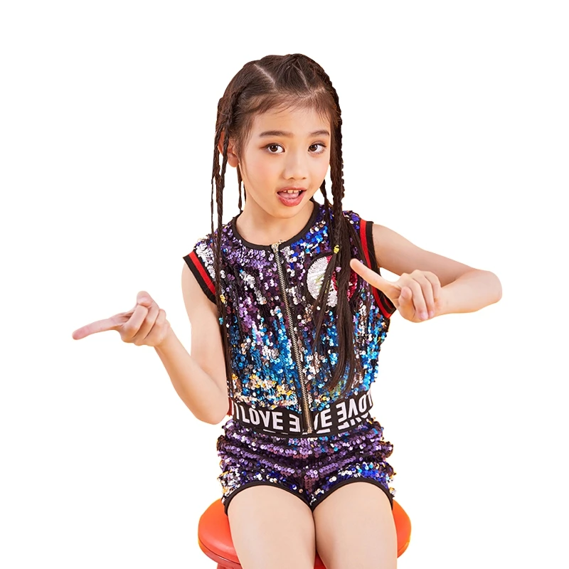 

2019 Fashion Kids Jazz Dance Costumes Girl's Suit Practice Stage Costume Hip-hop Performance Sequin Costume For Girls BL1100