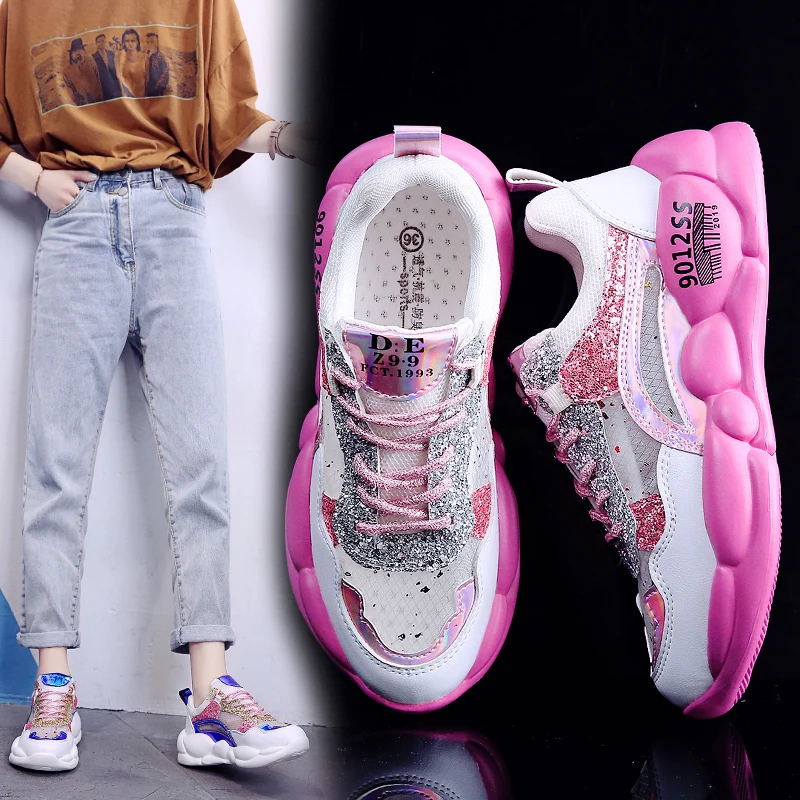 

2019 Summer New Breathable Sneakers Women Shoes Korean Fashion Wild Bling Mesh Casual Shoes Women Flat Shoes