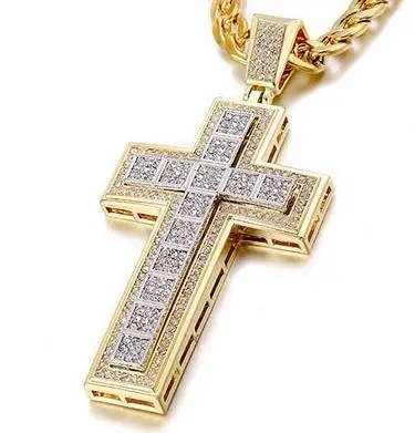 Small Gold Cross Двойная трендовая подвеска в виде креста, блестящий кристалл, черная/Серебряная/Золотая цепочка, ожерелье для мужчин, ожерелье в стиле хип-хоп, ювелирные изделия, кубинские ожерелья - Окраска металла: Small Gold Cross
