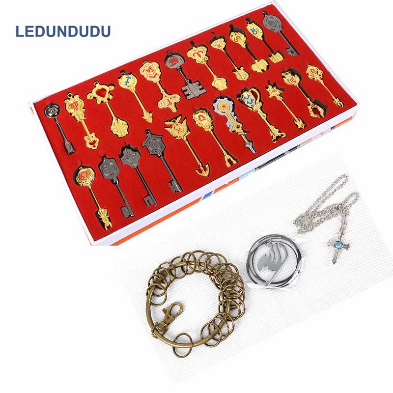 22pcs set Сказочный хвост брелок, набор аксессуаров для косплея, коллекция оружия, знак Lucy зодиака, золотое ожерелье с ключом, подвески для подарка - Цвет: 22pcs set