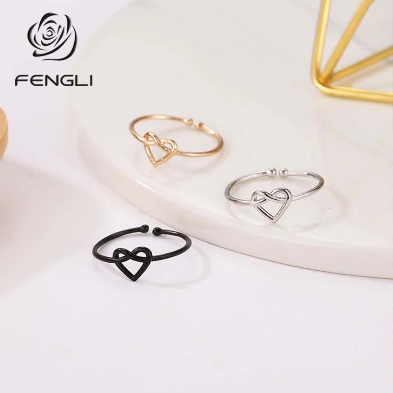 Женское кольцо с сердечком FENGLI черное регулируемое геометрическим узором