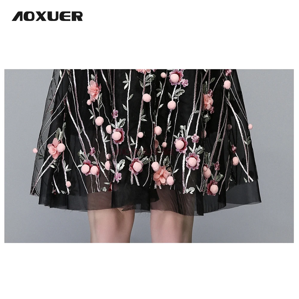 Aoxuer новые элегантные леди перспектива сетки с вышивкой платье цветочным