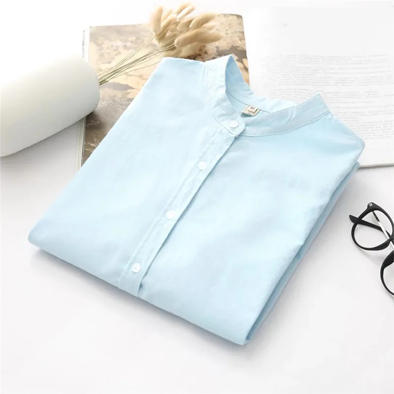 0689-blue Ih Женская хлопковая однотонная Повседневная Блузка с длинным рукавом, элегантные офисные женские рубашки для работы, новинка, весна-осень, Свободный Топ размера плюс - Цвет: 0689-blue