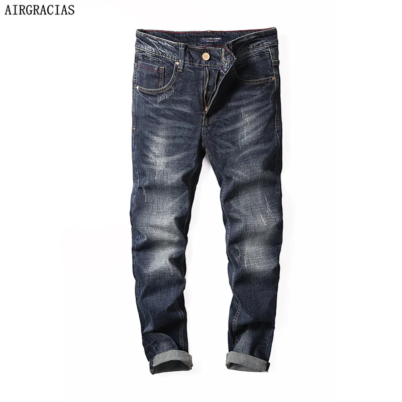Dark blue AIRGRACIAS, эластичные, лидер продаж, прямые брюки, брюки, хлопок, хорошее качество, джинсы, мужские,, Осенние, мужские джинсы, Прямая поставка - Цвет: Dark blue
