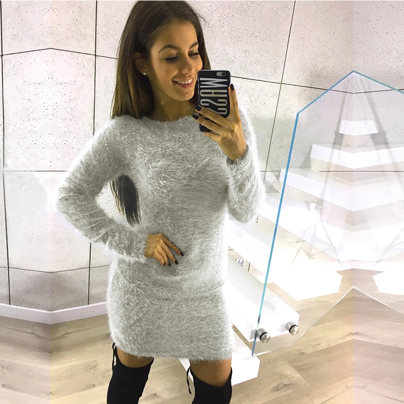 Winter Plush sweater Dress Women Party Bodycon Christmas Black clothing Sexy Mini bandage knitted Dress For Female
