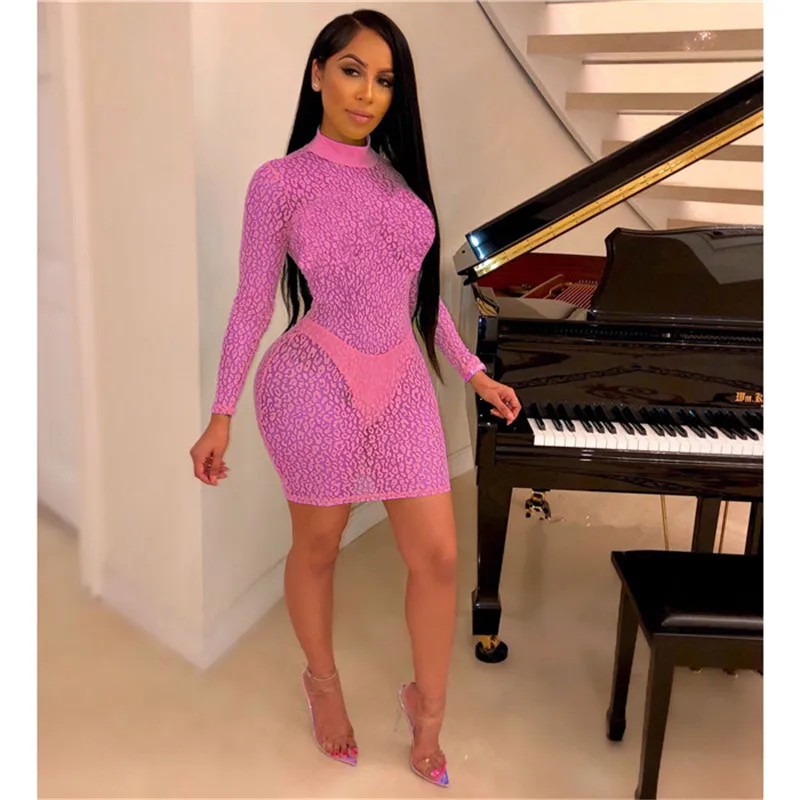 Women Summer Sexy Mini Party Dress Long Sleeve Leopard Print Bodycon Bandage Sheer Mesh Black Club Lace Vestidos | Женская одежда