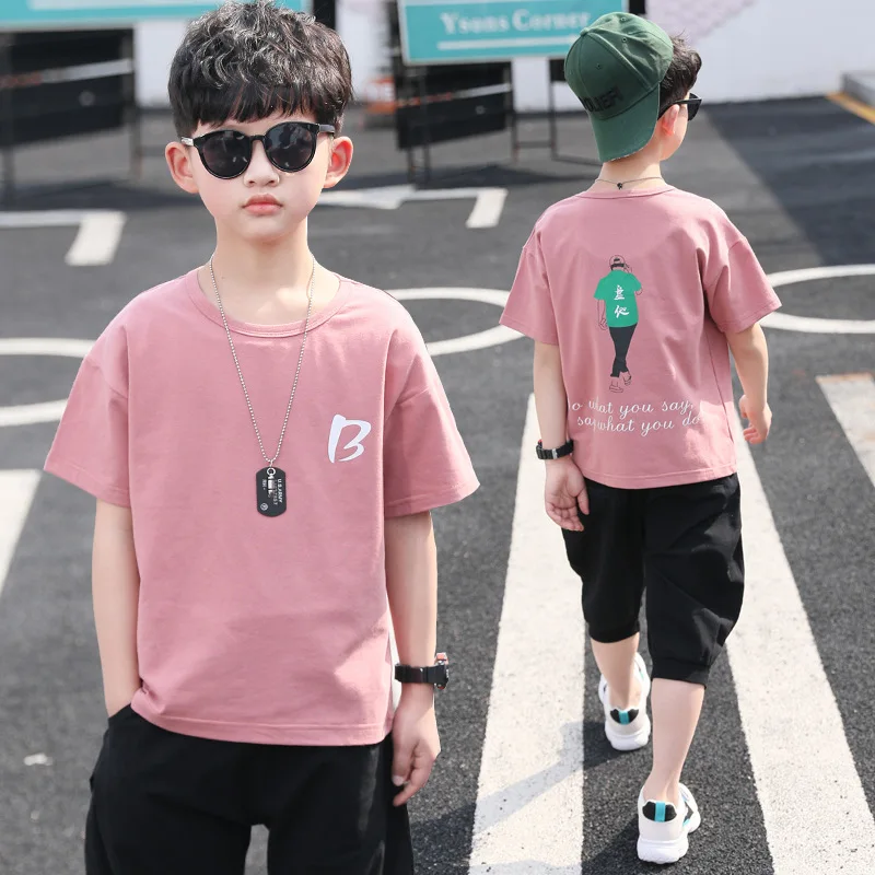 Pink Комплект одежды для маленьких мальчиков, коллекция года, летняя детская одежда рубашка с короткими рукавами и принтом+ шорты комплект из 2 предметов для детей возрастом от 4 до 14 лет - Цвет: Pink