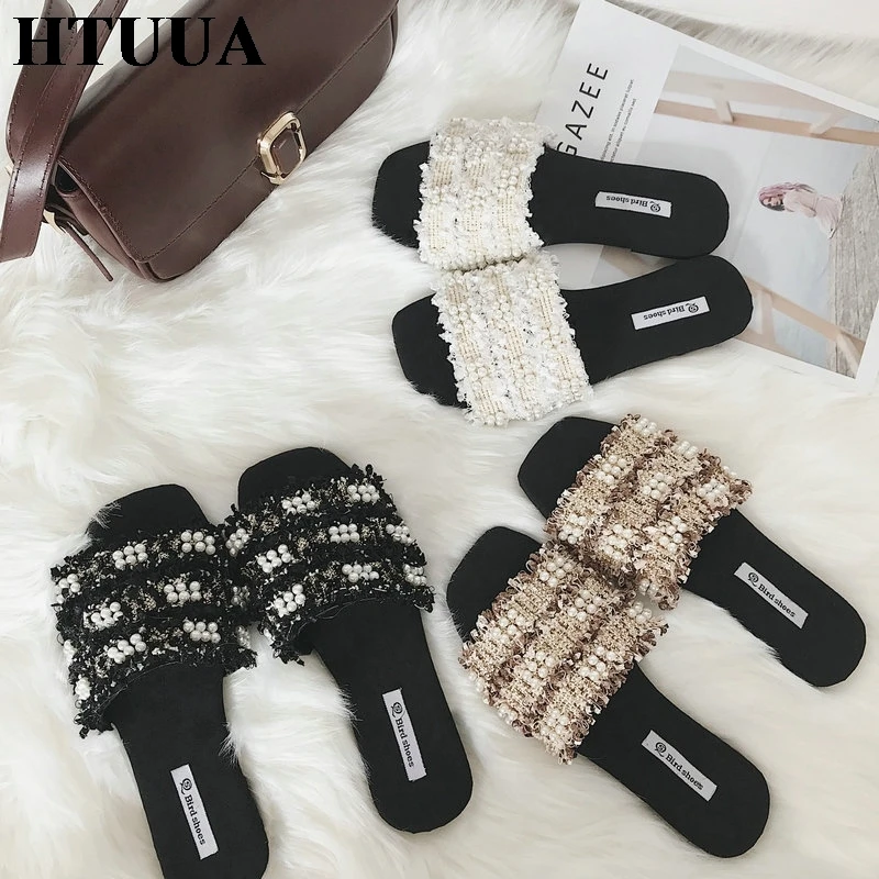 HTUUA/Брендовые женские шлепанцы сезон лето ручной работы на плоской подошве с