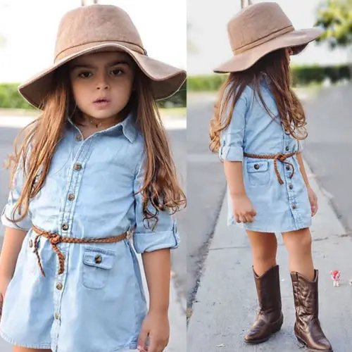 Toddler Kids Baby Girl Denim Dress Shirt Blouse Party Outfit Clothes Adorable Long Sleeve Light Blue Dresses | Детская одежда и