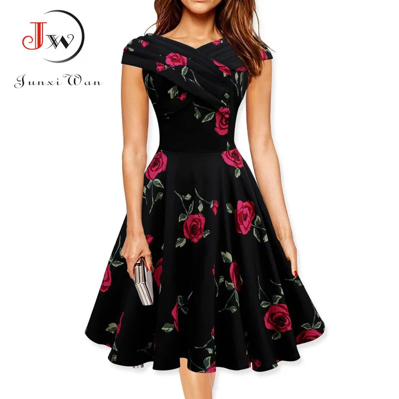 Женское винтажное платье ретро в стиле рокабилли белое с цветочным принтом