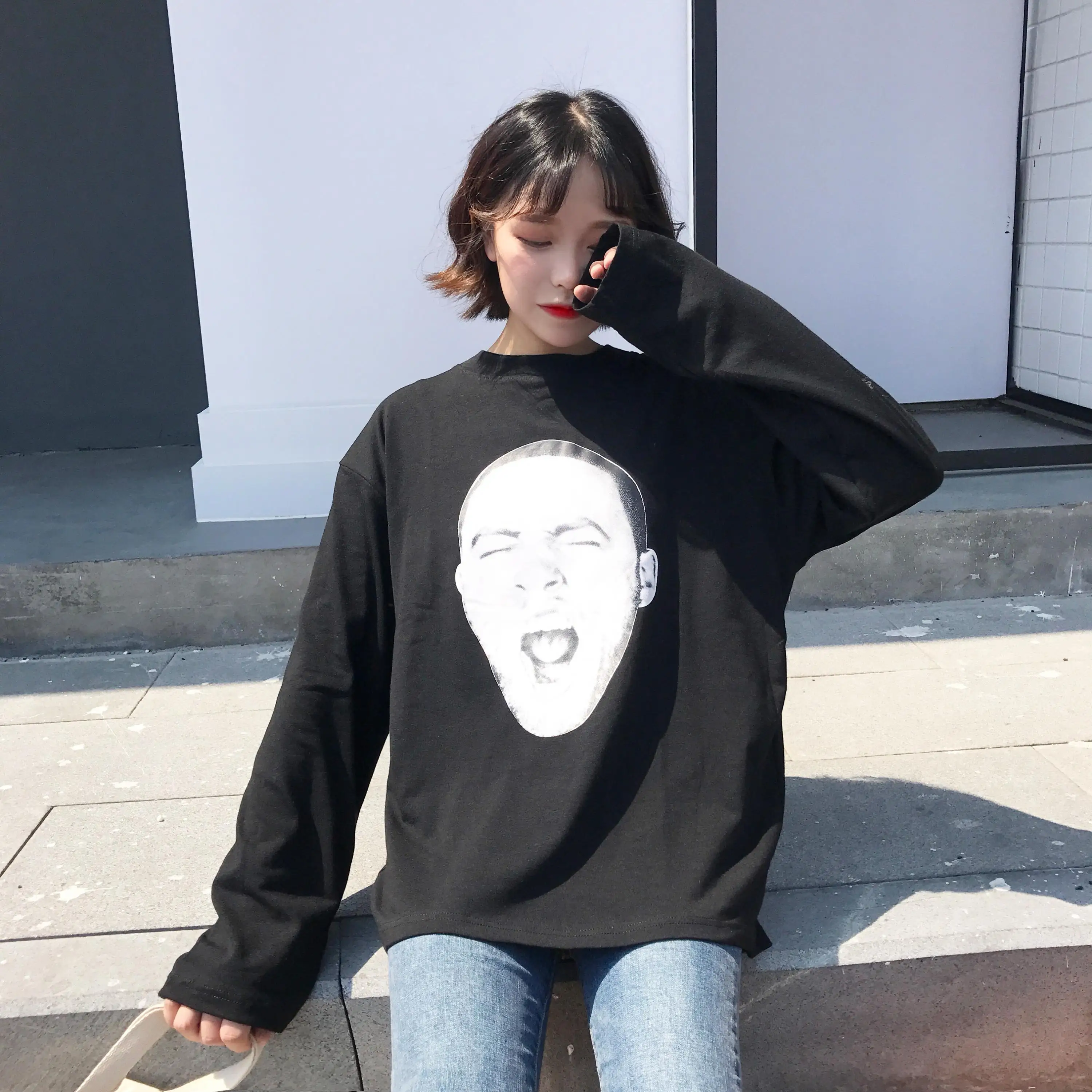 Осенние новые модные милые свободные универсальные черные повседневные женские