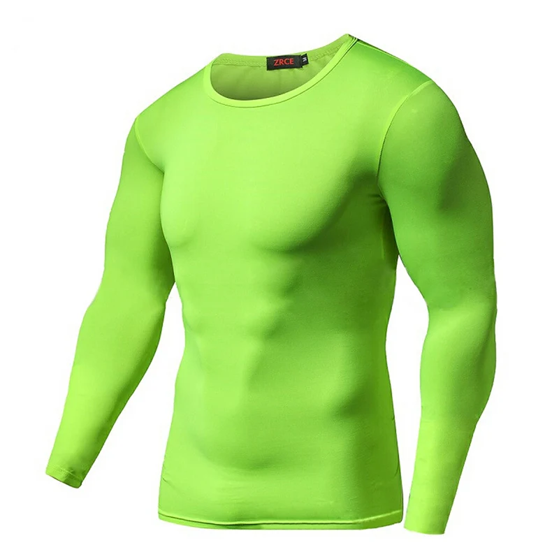Fluorescent green Мужские футболки для бега, компрессионная футболка для фитнеса, облегающая футболка с длинным рукавом для занятий тяжелой атлетикой, бодибилдингом, спортивные футболки для мужчин - Цвет: Fluorescent green