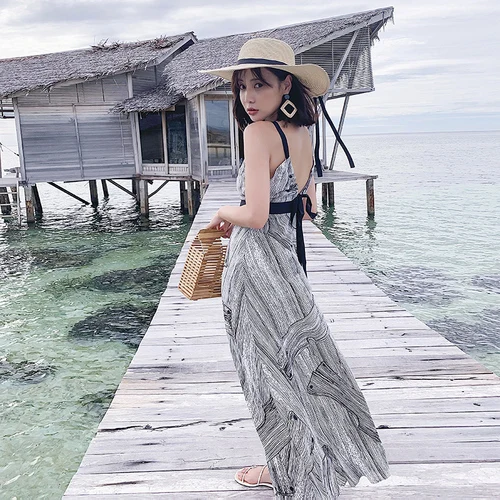 Backless Vacation Vestidos Lace Up Bowknot Summer Dresses Print Spaghetti Strap Beach Dress Mid Long Elegant Fashion Robe Femme | Женская