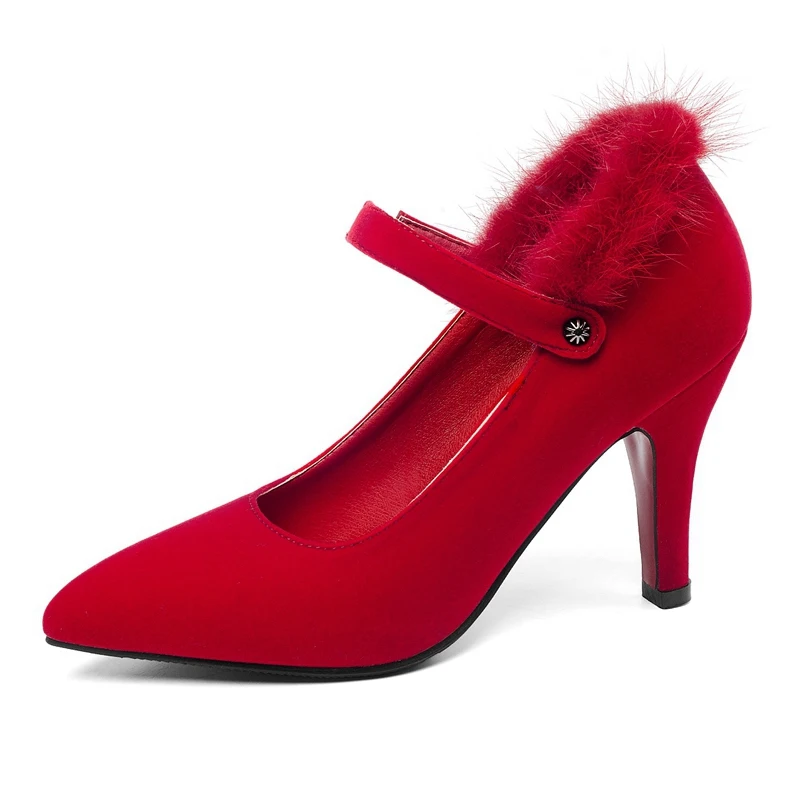 Red flock SIMLOVEYO/ г. весенние туфли-лодочки женские туфли-лодочки на высоком тонком каблуке 9,5 см офисные туфли с острым носком без застежки черный, белый цвет, большие размеры 46 - Цвет: Red flock