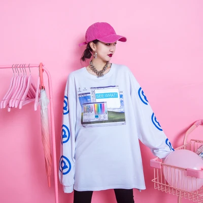 Jasmine Harajuku BF забавная компьютерная трафаретная печать с длинным рукавом женская одежда большого размера код толстовки - Цвет: Белый