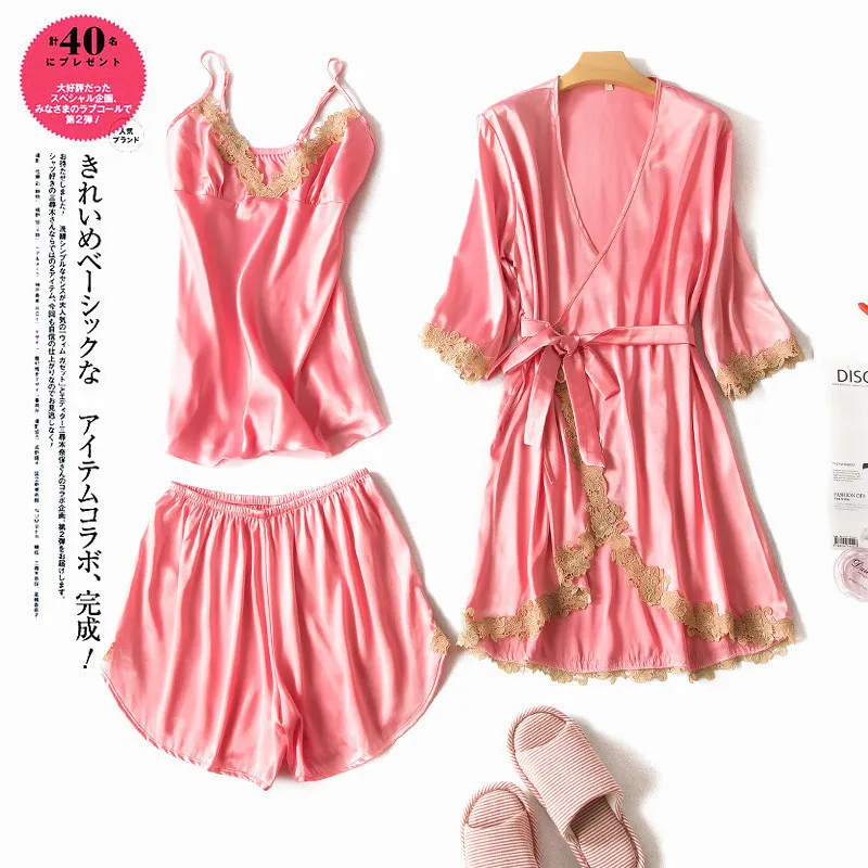 Освежающее Лето шт. 3 кружево пикантные для женщин пижамы кардиган + ночная