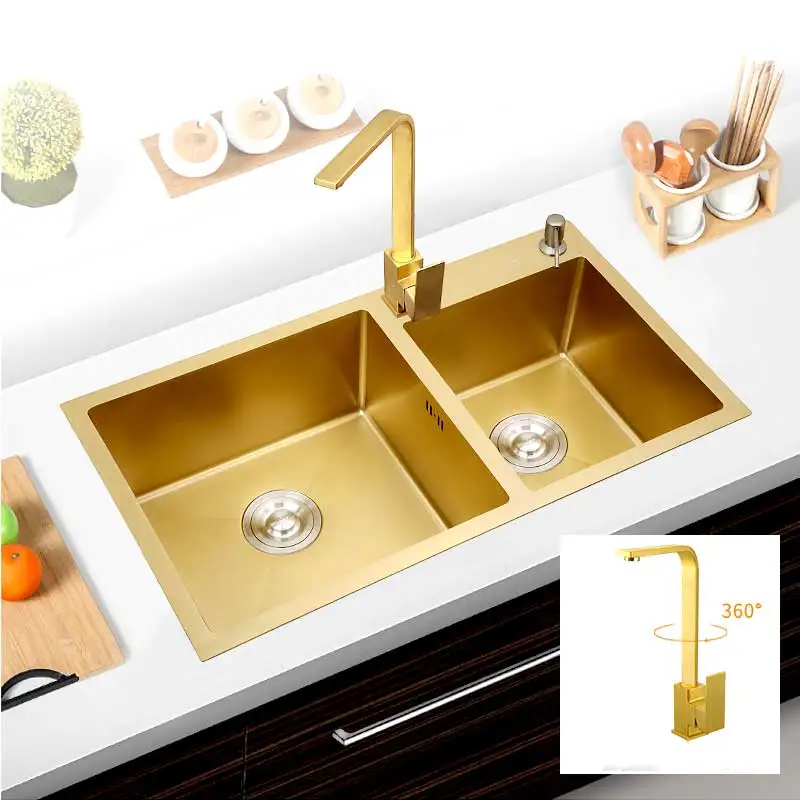 304Stainless Steel Kitchen Sinks Gold Hand-thickened 4mm Double Bowl with tap Above Counter Nano-coating Vegetable Washing | Обустройство