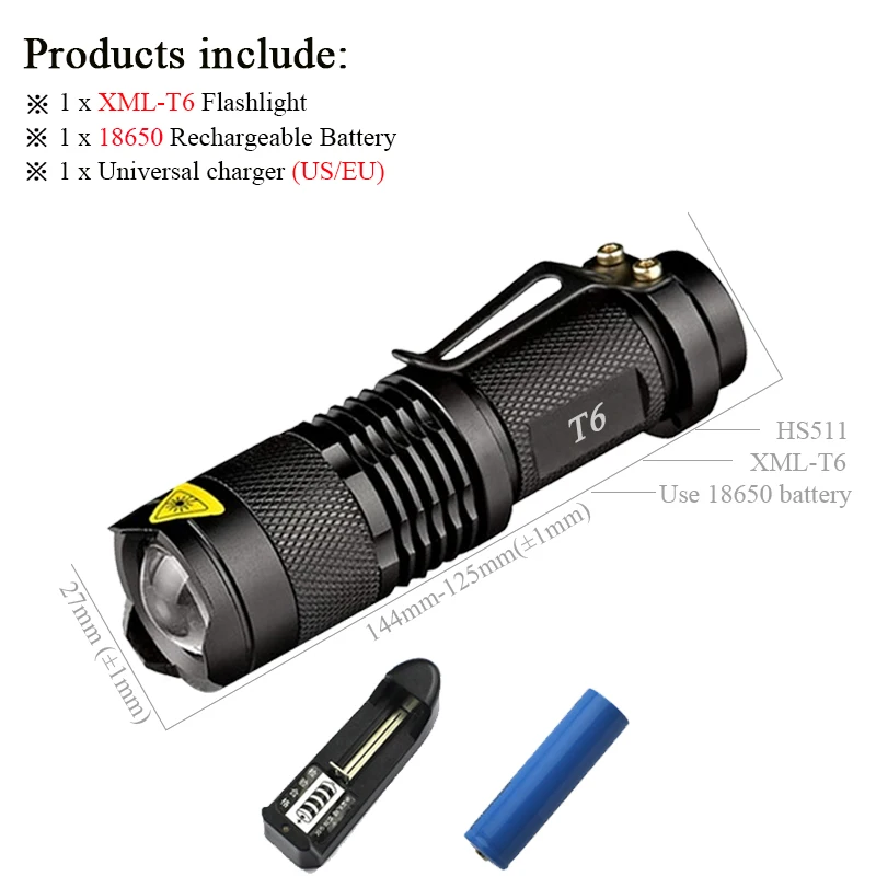 BHS511B1 3800 люменов мини CREE XM L2 Zoom Led вспышка светильник фонарь вспышка светильник перезаряжаемый XML T6 флэш-светильник с 18650 перезаряжаемой батареей - Испускаемый цвет: BHS511B1