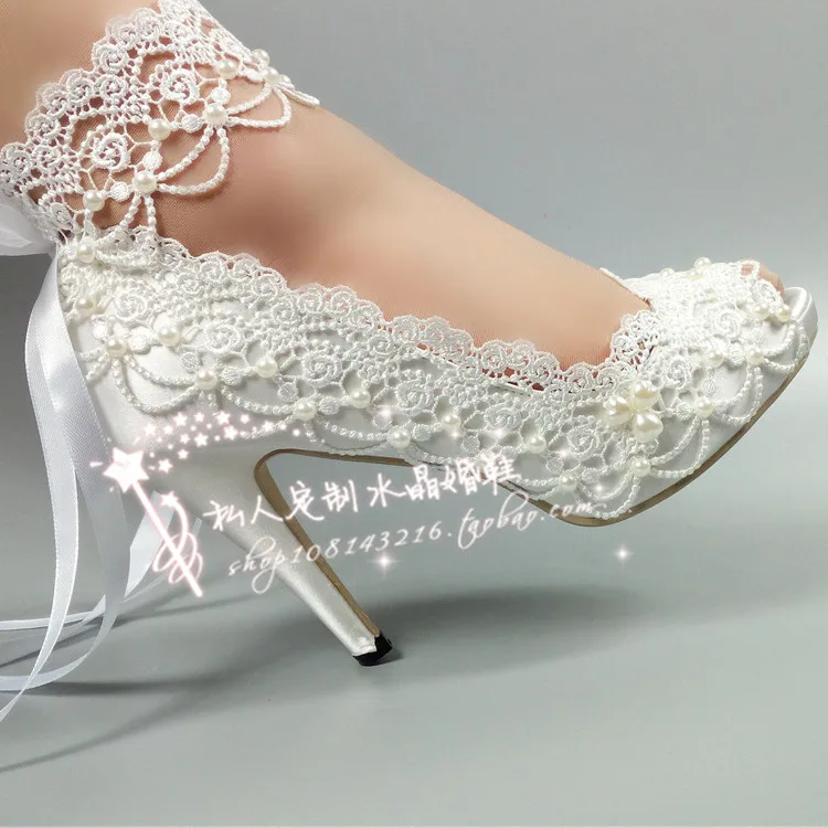 Wedding Shoes Open Peep Toe Bride High-heeled Pearl Crystal Wedding Dress Photo Night Club Silk Toast Women Pumps Silk Ribbon