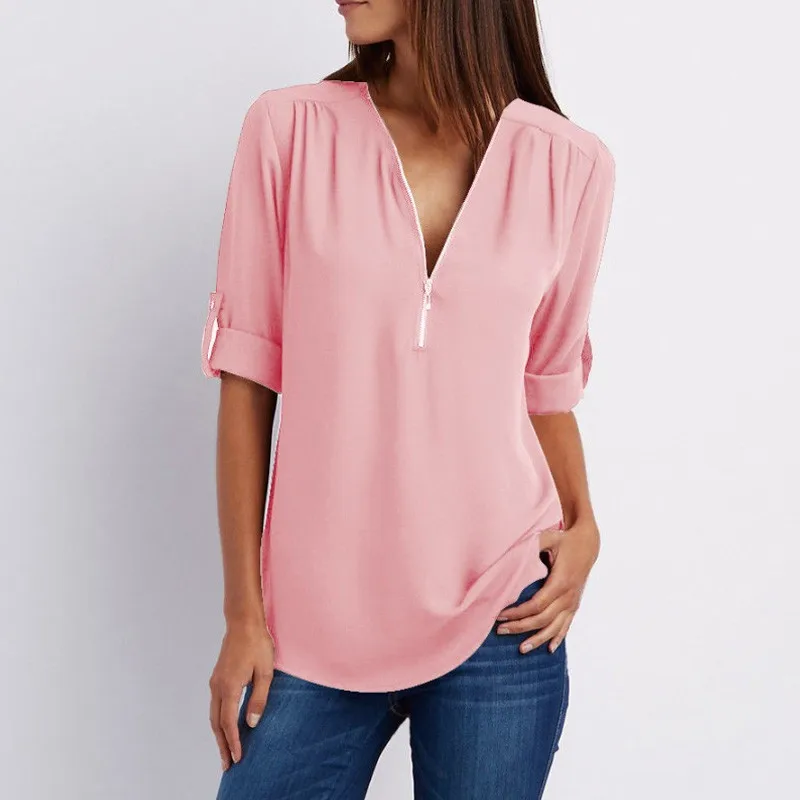 Plus Size 5XL Solid Zipper Shirt Loose Long Sleeve Chiffon Blusas Tops New Women Sexy V Neck Ladies Casual Summer Blouses Mujer
