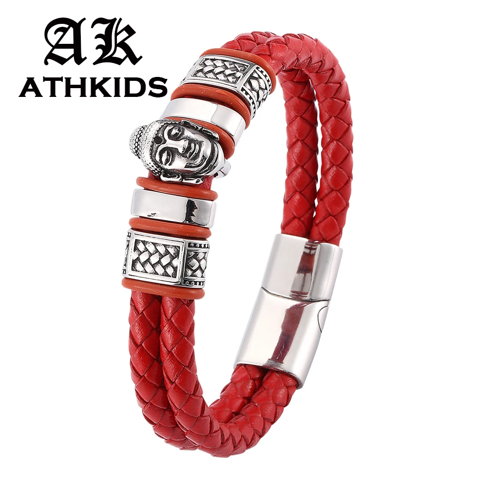 

Red Genuine Leather Bracelet & Bangle Buddha Head Accessories Stainless Steel for Blessing Men Bracelet Lucky Jewelry PD0103