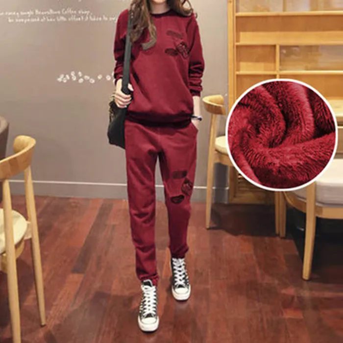 Wine Red Winter S-6XL, женская спортивная одежда, спортивные костюмы, весна, осень, зима, повседневные, плюс бархат, Толстая Толстовка+ штаны, комплекты для женщин размера плюс - Цвет: Wine Red Winter