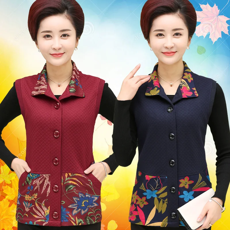 

Plus size Middle-aged women Vest Spring Autumn Fashion Shoulder Vest Jacket Womens Printing Single-breasted Short Vest 5XL