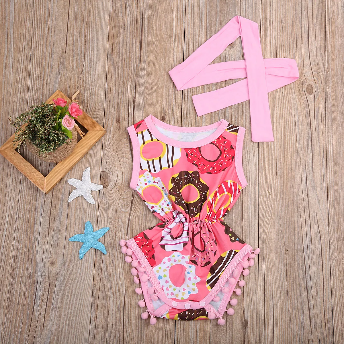 2019 Summer Baby Newborn Infant Girls Donuts Romper Sunsuit Sleeveless Tassle Jumpsuit Casual Clothing Outfits | Мать и ребенок