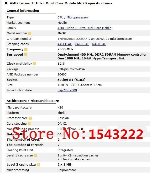 Процессор AMD Turion II Ultra Mobile M620 2,50 GHz 2MB L2 cache Socket S1(S1g3) PGA638 M620 TMM620DBO23GQ TMM620