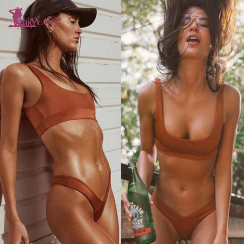 Lurehooker Bandage Bikinis Summer Halter Bathing Suit Two-piece Swimwear Sexy Low Waist Solid BikiniWomen Split Beach Swimsuit |