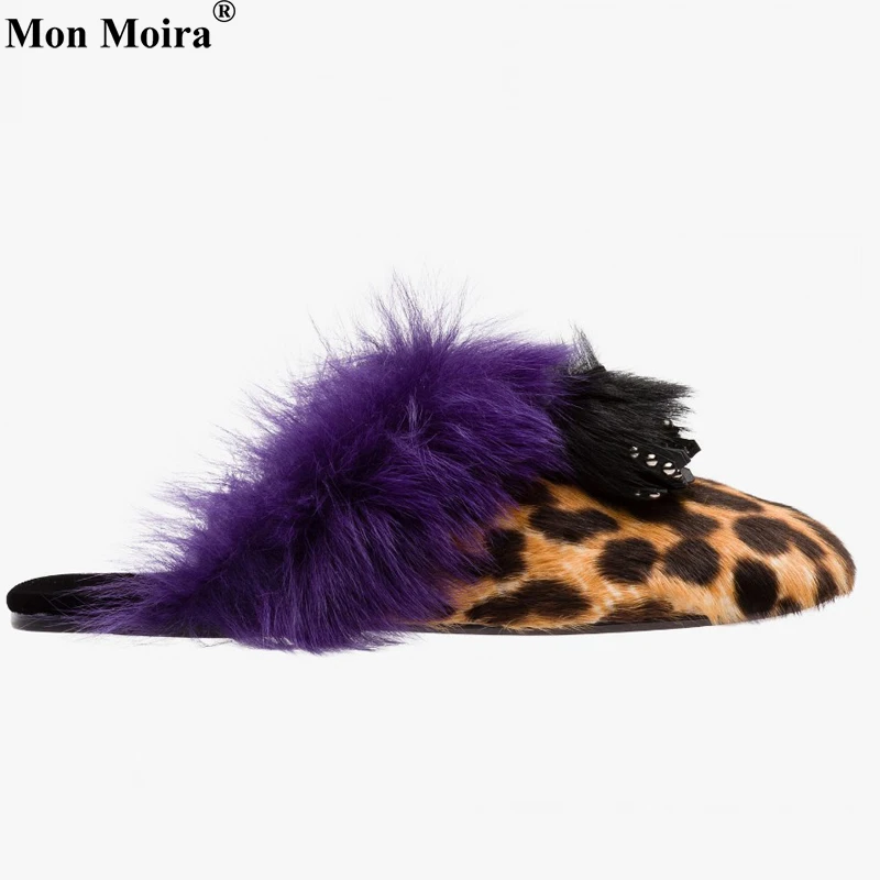Monmoira скольжения на Мех животных Для женщин Шлёпанцы Leopard Лоскутная без каблука