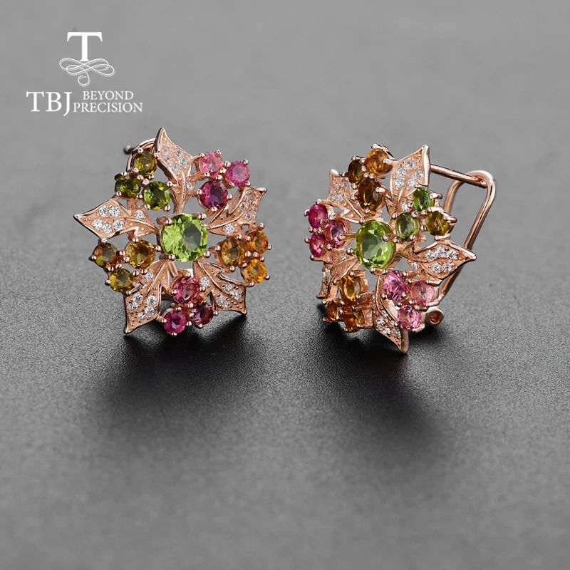 TBJ, натуральный многоцветный Турмалин, драгоценный камень, цветок, серьги, серебро 925 пробы, хорошее ювелирное изделие для женщин, свадебные, вечерние, хороший подарок