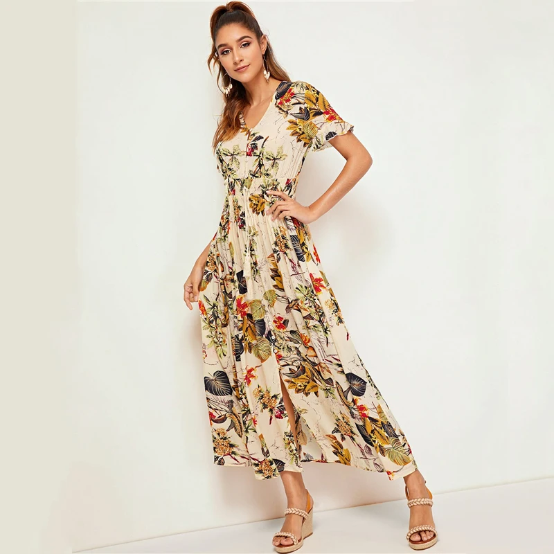 Sheinside Boho тропический принт рубашка платье для женщин Лето короткий рукав эластичный шнурок на талии платья женское плиссированное платье