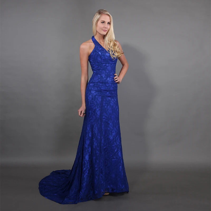Mermaid Style Mother Of The Bride Dresses Halter Neck Sleeveless Royal Blue Lace Full Length Sweep Train Mothers Party Dresses