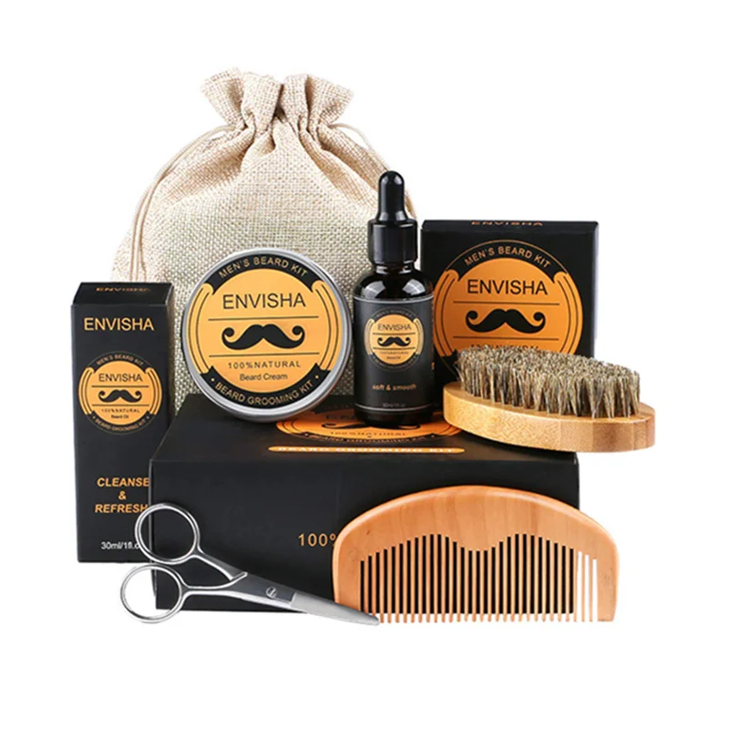 6 pcs beard set ALIVER 7 шт./компл. Для мужчин борода комплект инструмент для укладки волос бороды Bib фартуки бальзам масло для бороды гребень увлажняющий воск для укладки волос Ножницы Уход за бородой комплект - Цвет: 6 pcs beard set