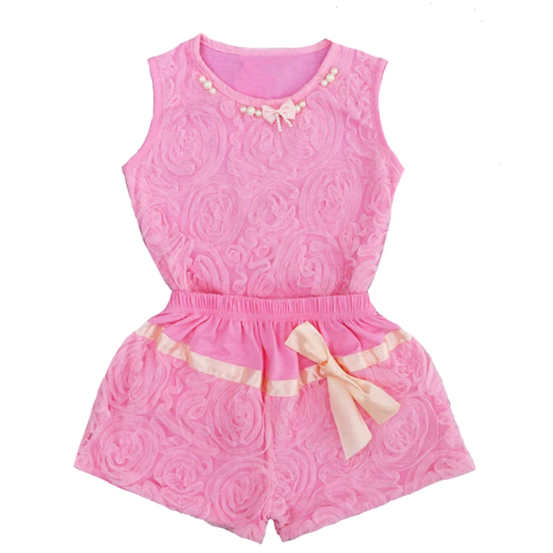 Детский летний комплект для девочек рубашка без рукавов + шорты модная розовая