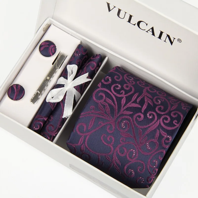 

men 2016 ties handkerchief and cufflinks +tie clip & with box gift 5 sets silk gravatas chinesa purple jacquard woven lotes