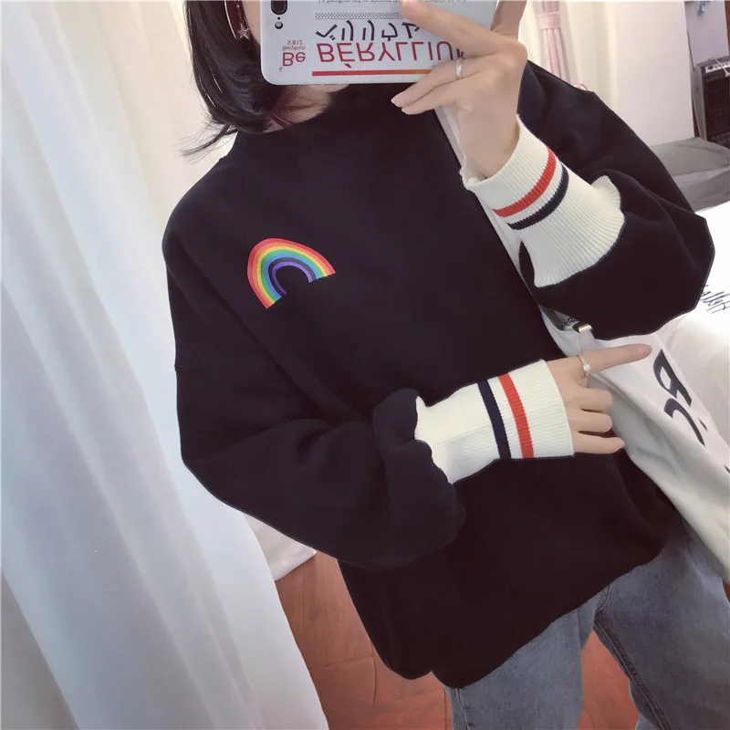 YouGeMan Осень Зима Кофты женские Толстовки корейский Ulzzang Harajuku Радуга полосатый бархат толстовка Девушка Пуловеры Топы