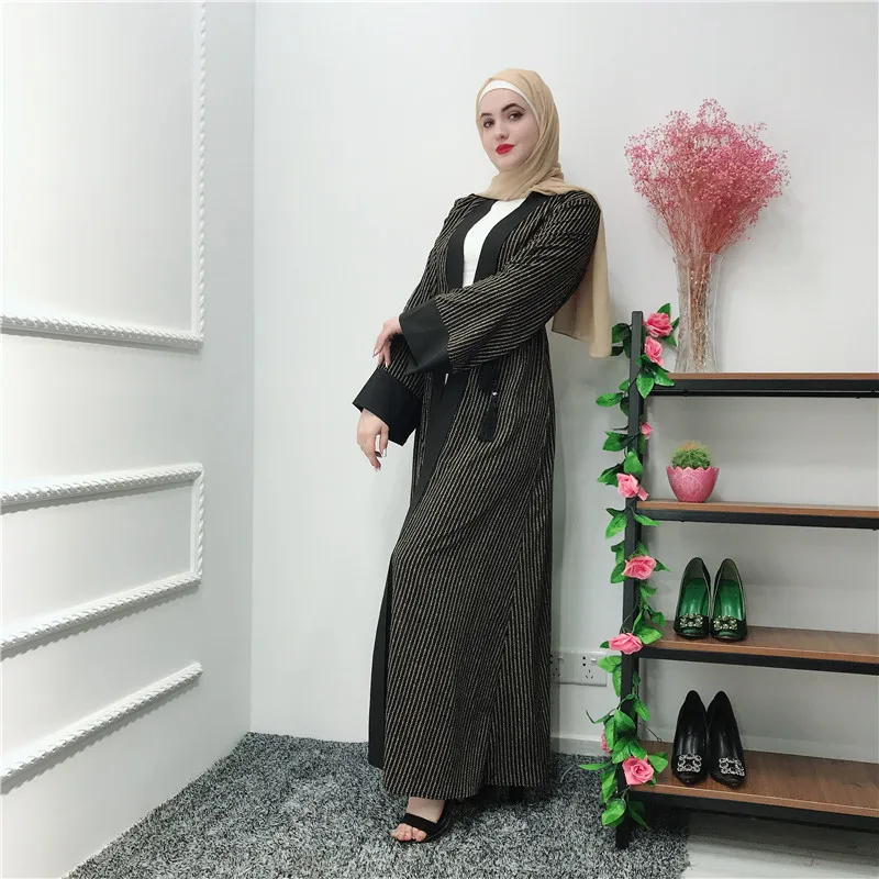 Мусульманское платье в полоску с поясом сетчатый кардиган туника кимоно длинные