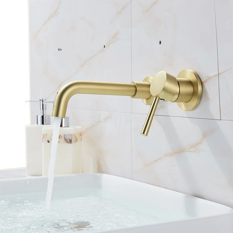 Brushed Golden Матовый золотой кран для раковины многоцветный латунный кран для раковины ванной комнаты настенный кран с одной ручкой с двумя отверстиями кран-смеситель - Цвет: Brushed Golden
