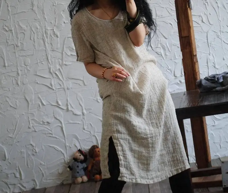 Женское льняное платье с коротким рукавом и подолом круглым вырезом|linen dress|shift