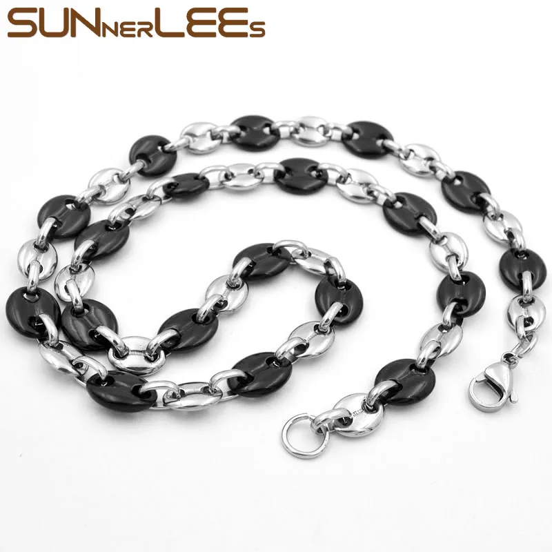 Silver-Black SUNNERLEES ожерелье из нержавеющей стали 10 мм кофейные зерна звено цепи серебро черный синий красный для мужчин женщин модные украшения подарок SC105 N - Metal Color: Silver-Black