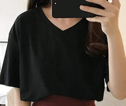 v neck black 6 цветов, лето, v-образный вырез, сплошной цвет, базовый корейский стиль, винтажный стиль, футболки с коротким рукавом, женские топы, женская футболка(R960 - Цвет: v neck black