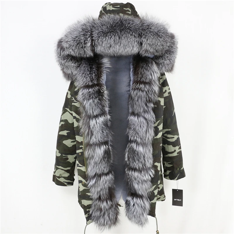 green camo silver OFTBUY длинная парка, пальто с натуральным мехом, зимняя куртка для женщин, Воротник из натурального Лисьего меха, Толстая теплая брендовая Роскошная Съемная уличная одежда - Цвет: green camo silver