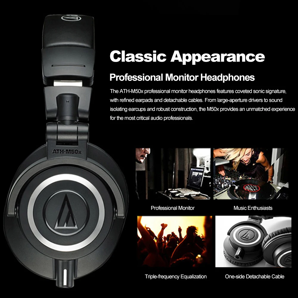Audio-Technica ATH-M50x, профессиональные мониторные наушники, закрытые сзади, динамические Накладные Наушники Hi-Fi, складные наушники, игровая музыка