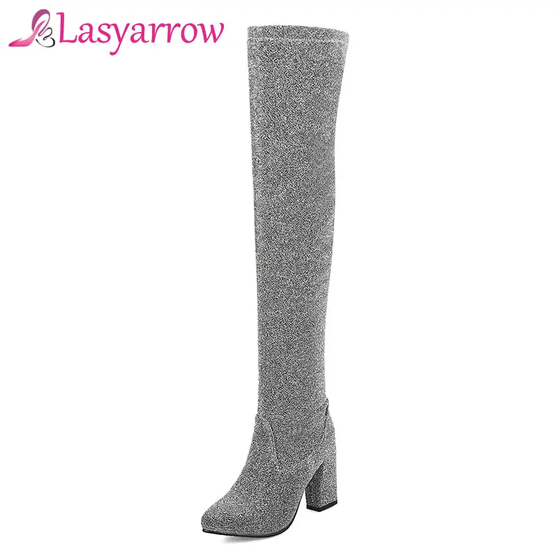 

Lasyarrow Thick High Heels Pointed Toe Thigh High Long Boots Sexy Bling Bling Party Shoes Stretch Over The Knee High Boots Woman