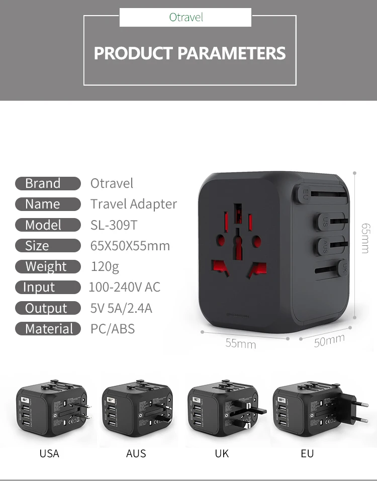 Plug Travel Adapter 309T International Universal Power Adapter All-in-one 5V 2.4A USB Type-c US UK EU AU Asia Travel USB Charger