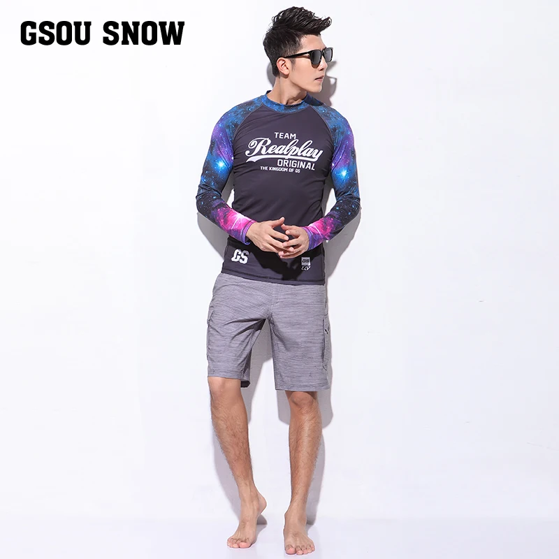 Mens starry surfing wetsuit long sleeve swim shirts and gray shorts male slim split quick-dry swimwear dive skin medusa clothes