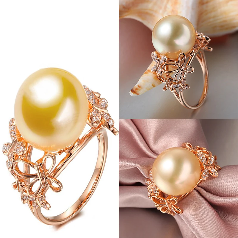 Женское кольцо с имитацией под жемчуг золотого светильник фианитом|Кольца для