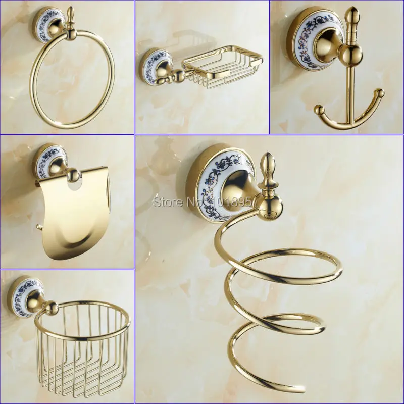 

Разнообразные аксессуары для ванной комнаты из латуни золотого цвета